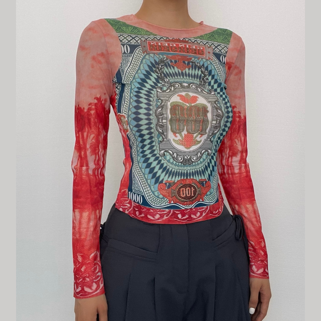 Y2K Grunge Aesthetic Long Sleeve Crewneck Top with Contrast Abstract Mesh Detail