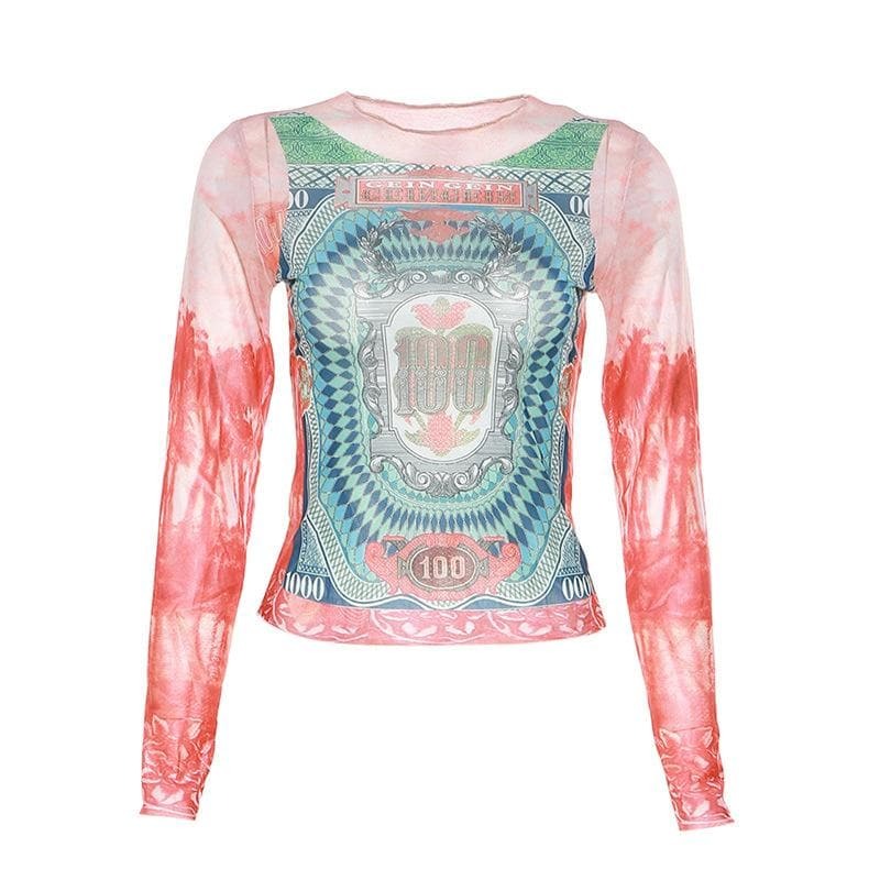 Y2K Grunge Aesthetic Long Sleeve Crewneck Top with Contrast Abstract Mesh Detail