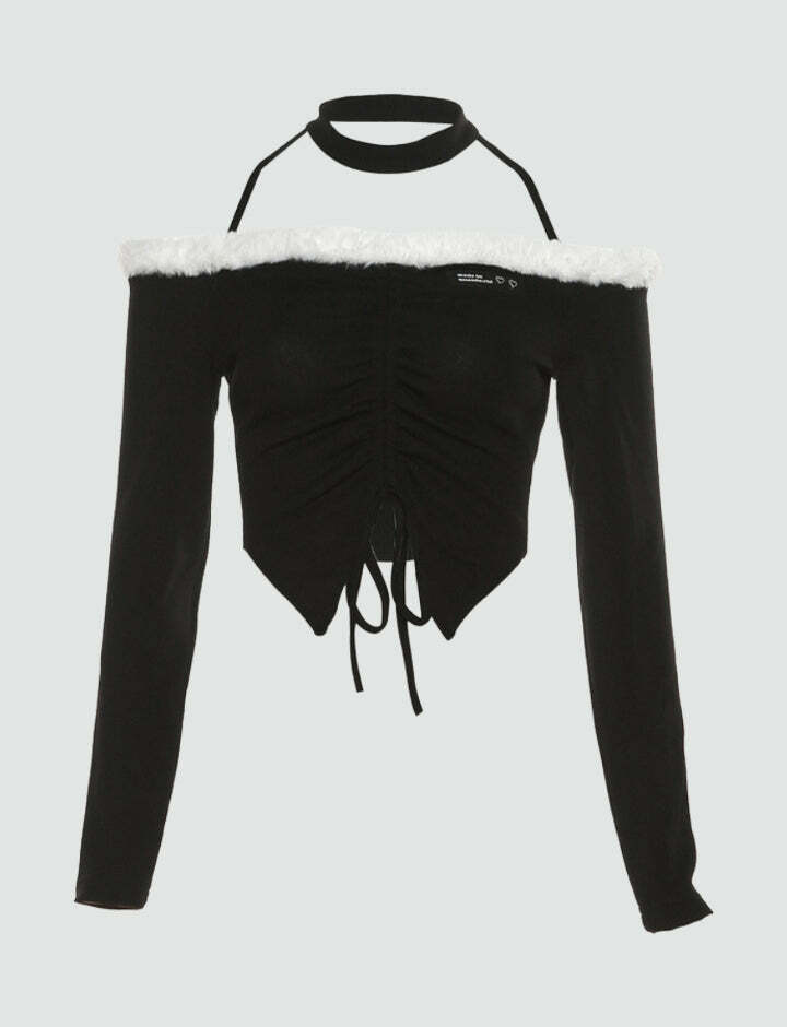 Y2K Grunge Aesthetic Long Sleeve Crop Tie T-Shirt - Cute Pastel Goth Top for Trendy Outfits