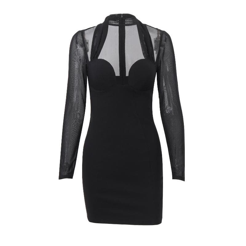 Y2K Grunge Aesthetic Long Sleeve Halter Mesh Zip-Up Mini Dress for Cute Outfits