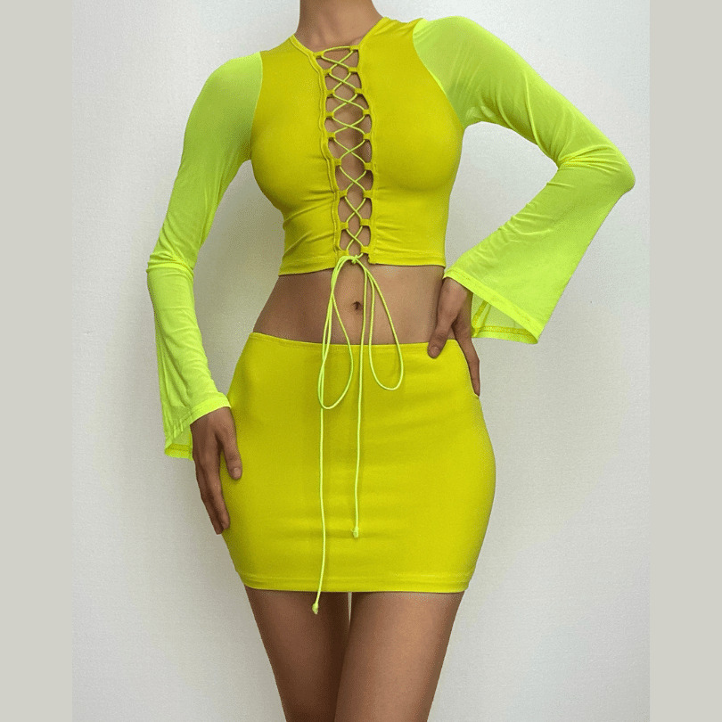 Y2K Grunge Aesthetic Long Sleeve Lace-Up Mesh Mini Skirt Set for Trendy Outfits