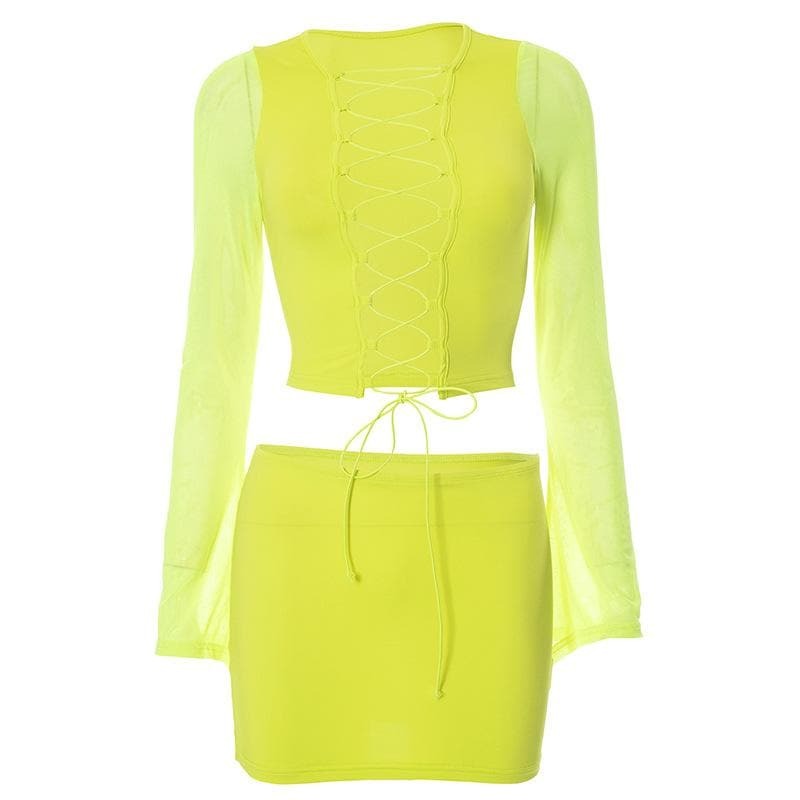 Y2K Grunge Aesthetic Long Sleeve Lace-Up Mesh Mini Skirt Set for Trendy Outfits