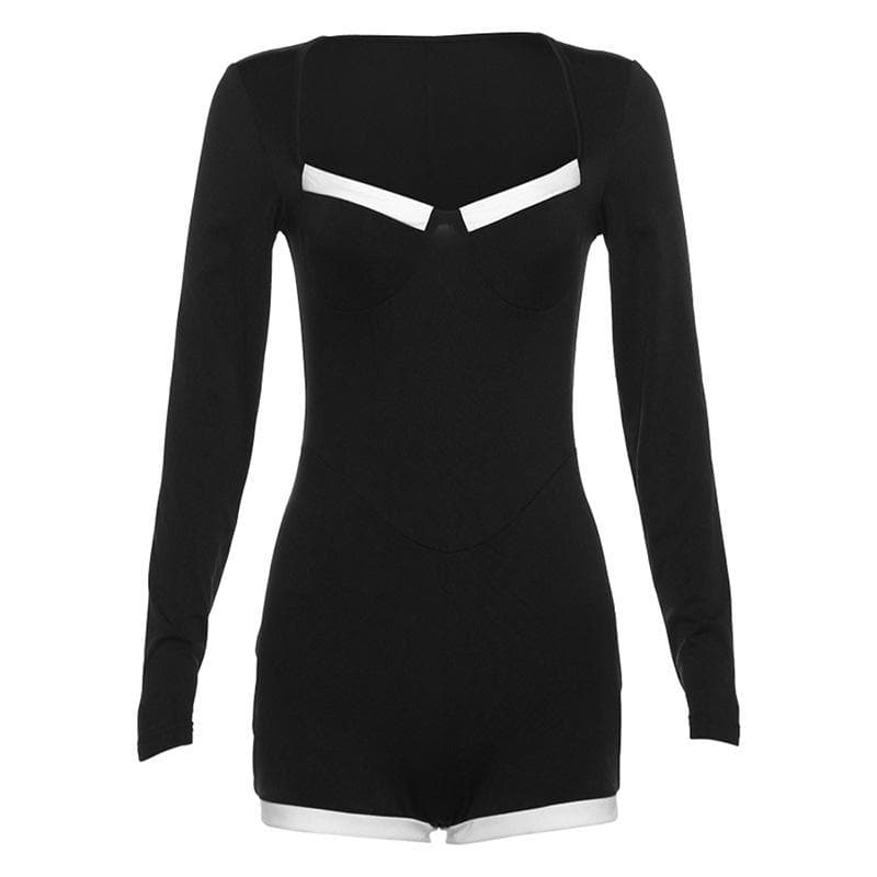 Y2K Grunge Aesthetic Long Sleeve Low Cut Romper - Cute Comfy Outfit for Every Occasion