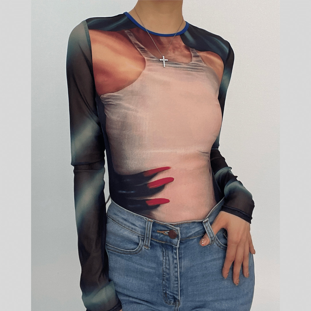 Y2K Grunge Aesthetic Long Sleeve Mesh Contrast Button Bodysuit for Cute Outfits