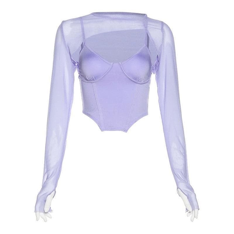 Y2K Grunge Aesthetic Long Sleeve Mesh See-Through Two Piece Set for Trendy Outfits