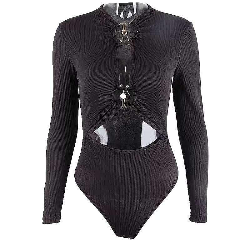 Y2K Grunge Aesthetic Long Sleeve O-Ring Button Bodysuit - Cute & Comfy Fashion Top