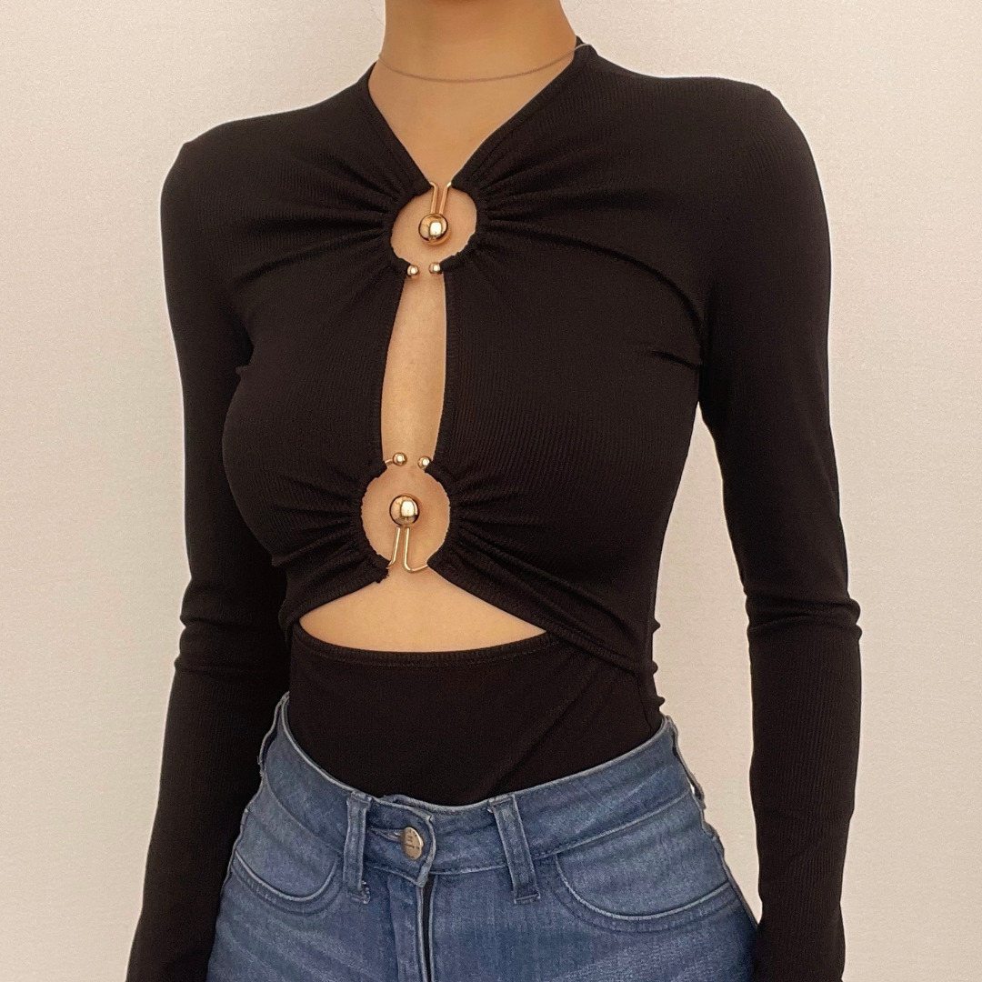 Y2K Grunge Aesthetic Long Sleeve O-Ring Button Bodysuit - Cute & Comfy Fashion Top