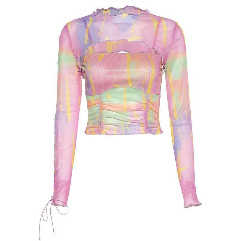 Y2K Grunge Aesthetic Long Sleeve Ruffled Mesh Cut-Out Top - Cute & Comfy Fashion