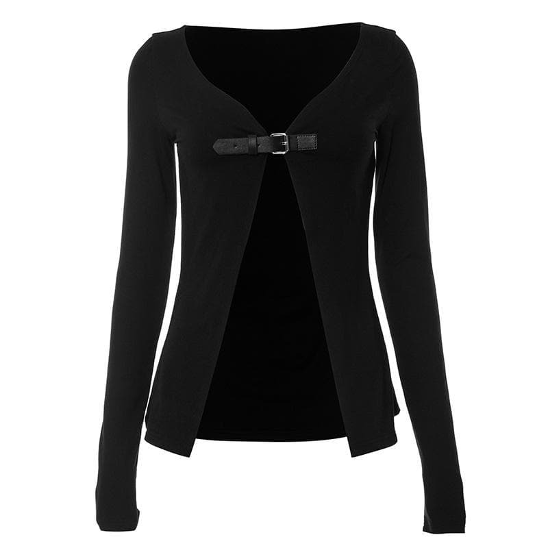 Y2K Grunge Aesthetic Long Sleeve V-Neck Buckle Crop Top - Cute Comfy Style