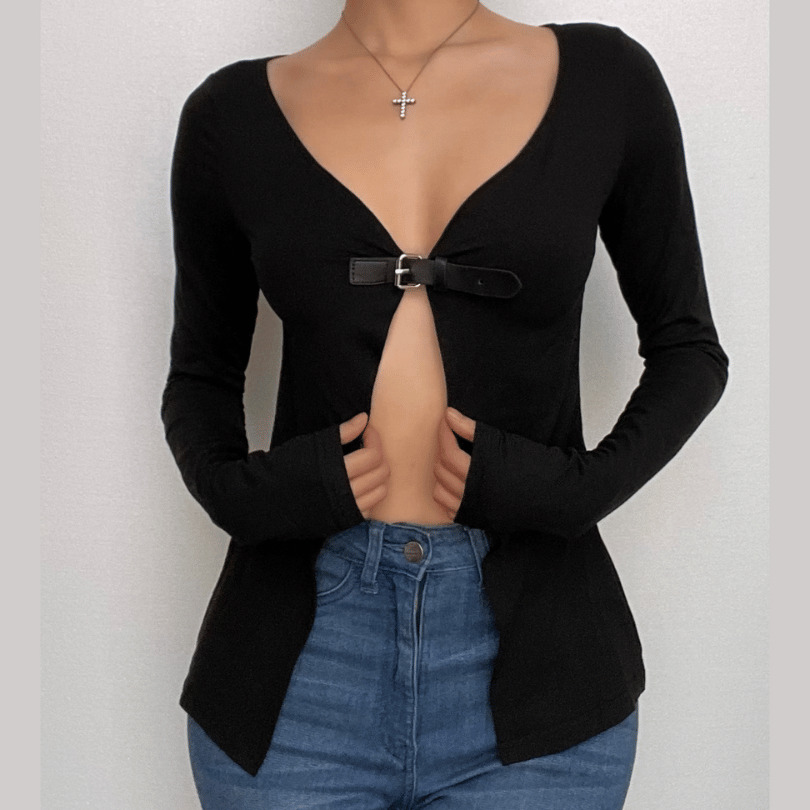 Y2K Grunge Aesthetic Long Sleeve V-Neck Buckle Crop Top - Cute Comfy Style