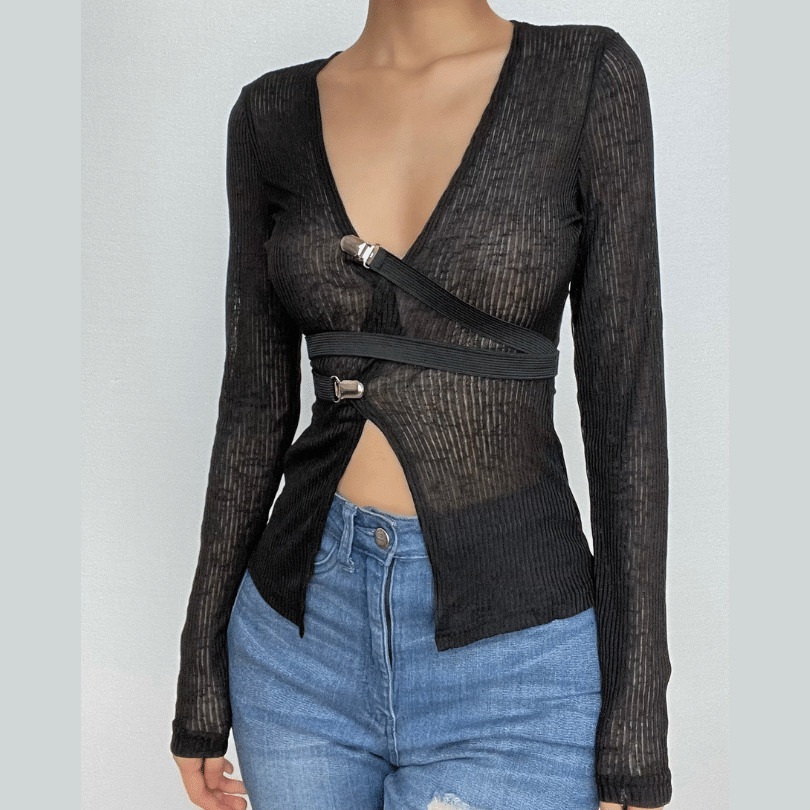 Y2K Grunge Aesthetic Long Sleeve V-Neck Buckle See-Through Textured Crop Top