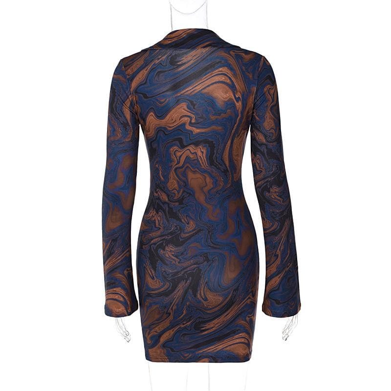 Y2K Grunge Aesthetic Long Sleeve V-Neck Mini Dress with Metal Chain Detail