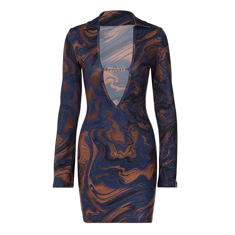 Y2K Grunge Aesthetic Long Sleeve V-Neck Mini Dress with Metal Chain Detail