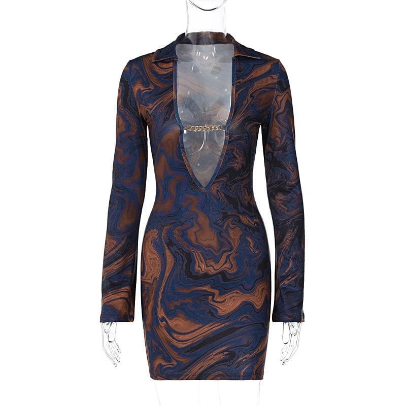 Y2K Grunge Aesthetic Long Sleeve V-Neck Mini Dress with Metal Chain Detail