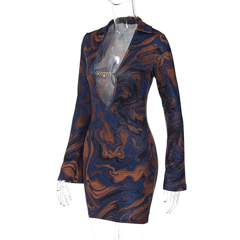 Y2K Grunge Aesthetic Long Sleeve V-Neck Mini Dress with Metal Chain Detail