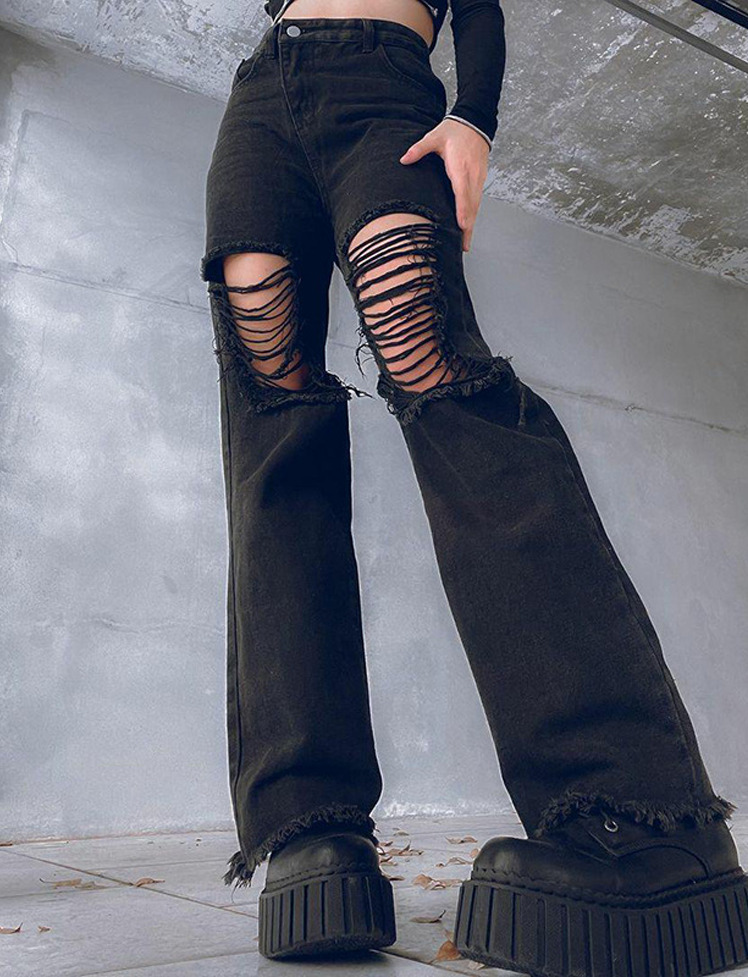 Y2K Grunge Aesthetic Loose Wide Leg Ripped Jeans - Vintage Style for Trendy Outfits
