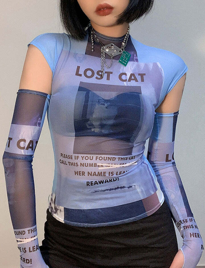 Y2K Grunge Aesthetic Lost Cat Mesh Top - Cute Pastel Goth Style for Aesthetic Outfits