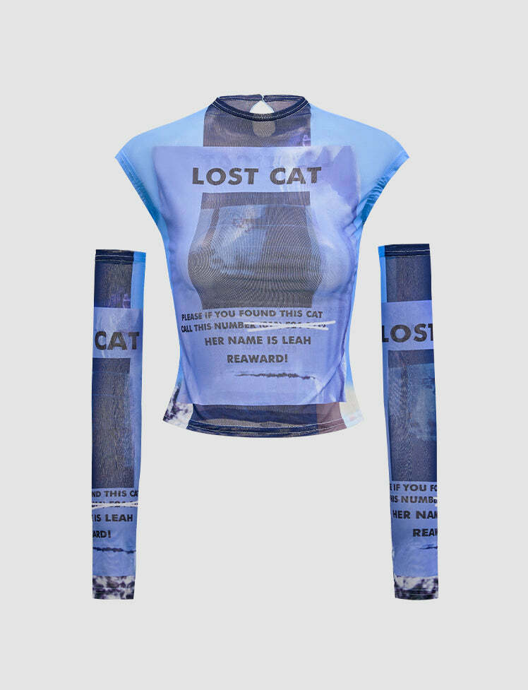 Y2K Grunge Aesthetic Lost Cat Mesh Top - Cute Pastel Goth Style for Aesthetic Outfits