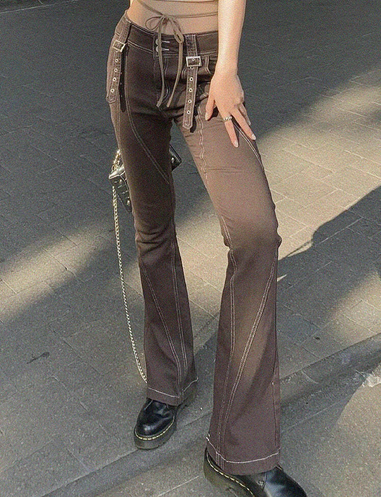 Y2K Grunge Aesthetic Low Waist Buckle Flared Trousers - Vintage Style Cargo Pants