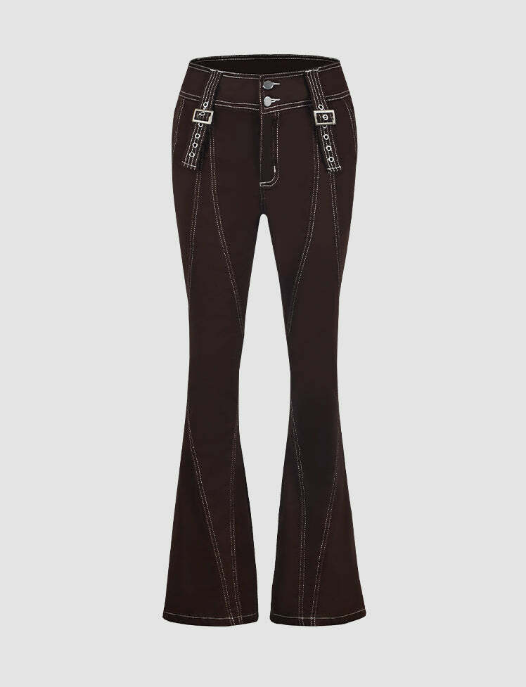 Y2K Grunge Aesthetic Low Waist Buckle Flared Trousers - Vintage Style Cargo Pants
