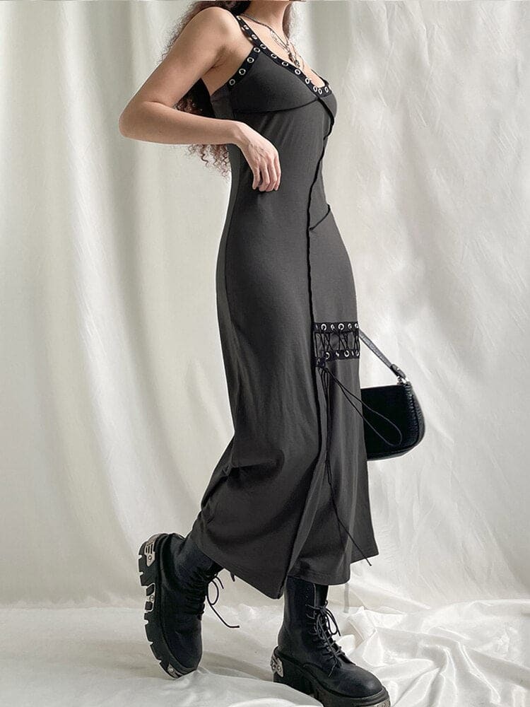Y2K Grunge Aesthetic Maxi Dress - Vintage Gothic Style with Cute Layered Details