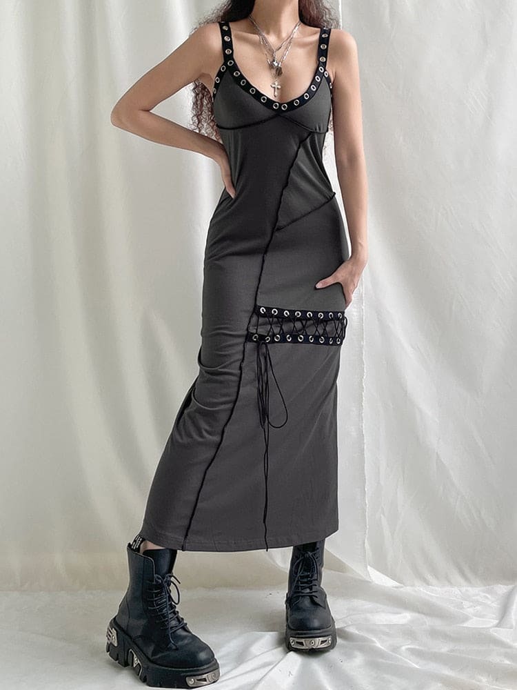 Y2K Grunge Aesthetic Maxi Dress - Vintage Gothic Style with Cute Layered Details