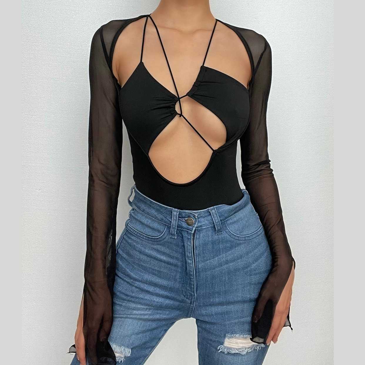 Y2K Grunge Aesthetic Mesh Long Sleeve Hollow Out Bodysuit - Cute & Comfy Layering Top