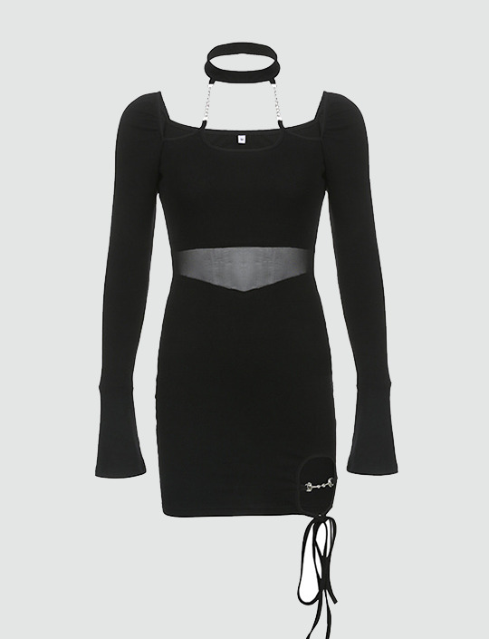 Y2K Grunge Aesthetic Mesh Panel Cutout Long Sleeve Black Bodycon Dress for Trendy Looks