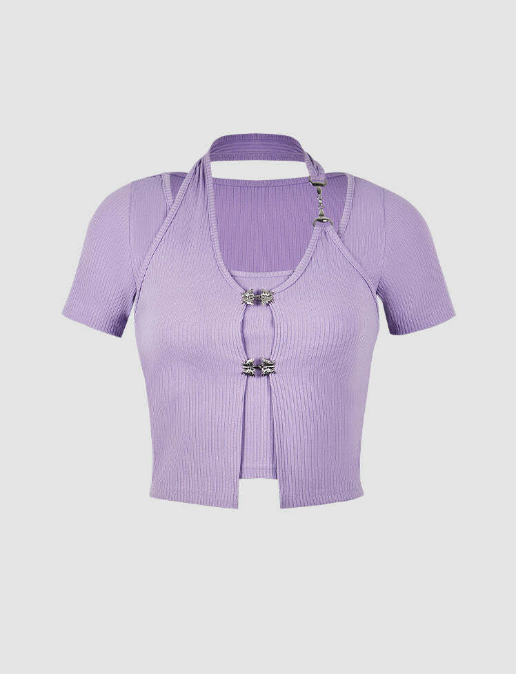 Y2K Grunge Aesthetic Metal Butterfly Crop Top - Cute Pastel Goth & Coquette Style