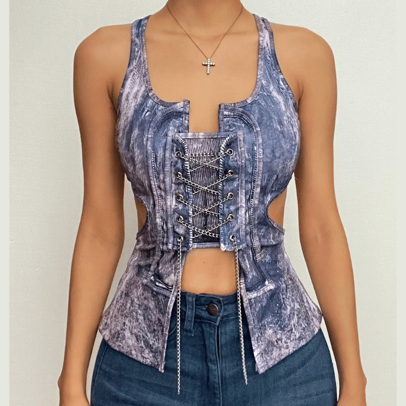 Y2K Grunge Aesthetic Metal Chain Lace-Up Sleeveless Crop Top with Contrast Print Cut-Out