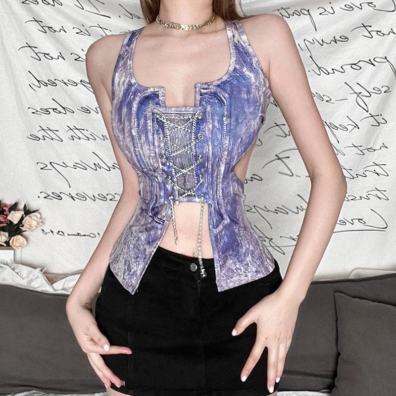 Y2K Grunge Aesthetic Metal Chain Lace-Up Sleeveless Crop Top with Contrast Print Cut-Out