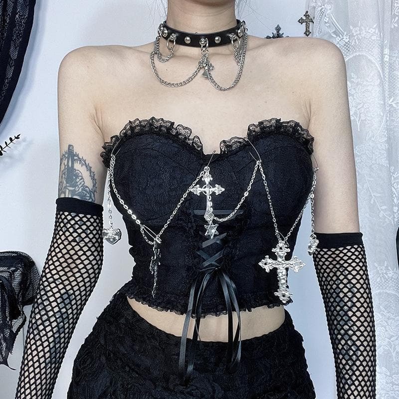 Y2K Grunge Aesthetic Metal Chain Lace-Up Sweetheart Neck Tube Top - Cute & Comfy Style