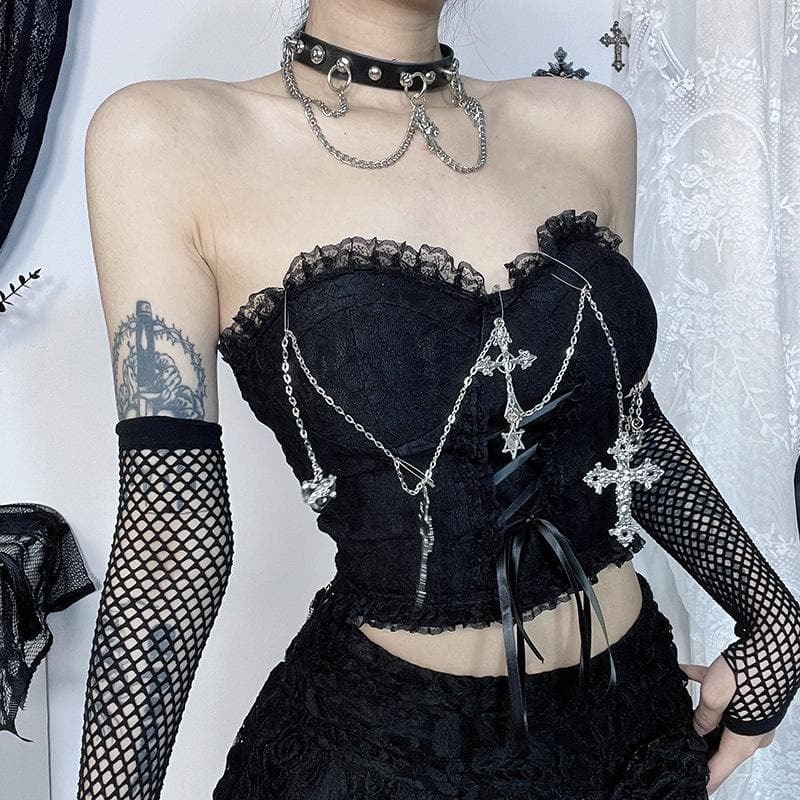 Y2K Grunge Aesthetic Metal Chain Lace-Up Sweetheart Neck Tube Top - Cute & Comfy Style