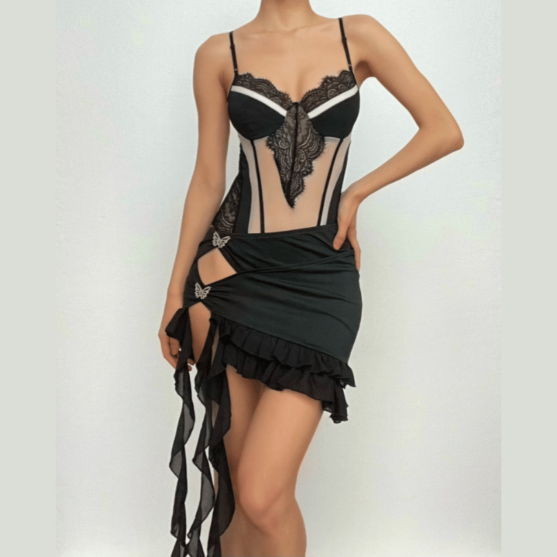 Y2K Grunge Aesthetic Mini Skirt with Hollow Out Ribbon Butterfly Applique & Ruffle Detail
