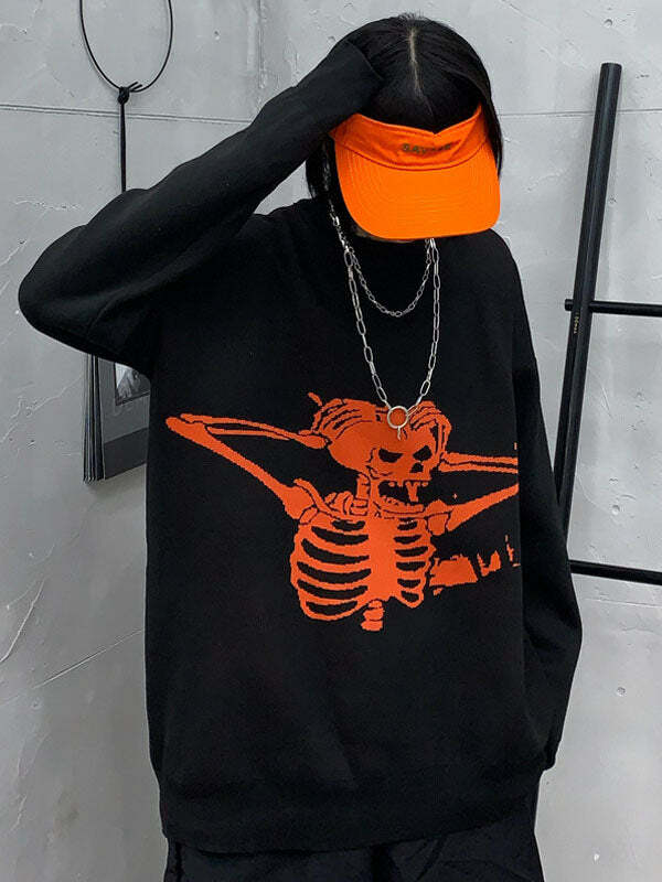 Y2K Grunge Aesthetic Mr. Skull Knitted Sweatshirt - Cute Cozy Top for Alternative Style