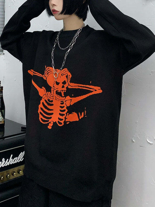 Y2K Grunge Aesthetic Mr. Skull Knitted Sweatshirt - Cute Cozy Top for Alternative Style
