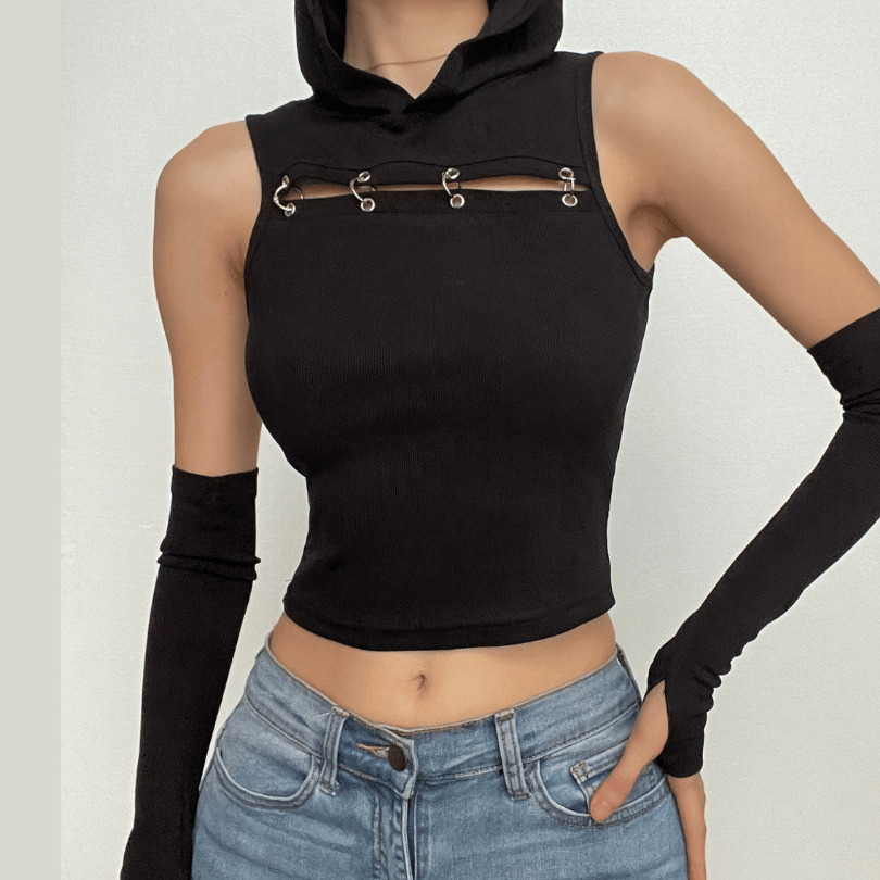 Y2K Grunge Aesthetic O-Ring Crop Top Hoodie - Comfy Sleeveless Solid Cute Top