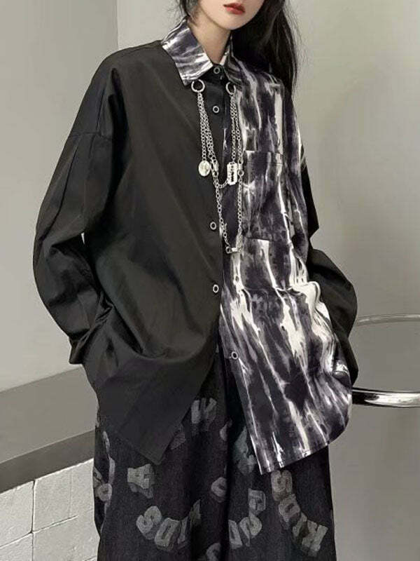 Y2K Grunge Aesthetic Patchwork Tie-Dye Shirt - Vintage Retro Cute Top for Unique Style