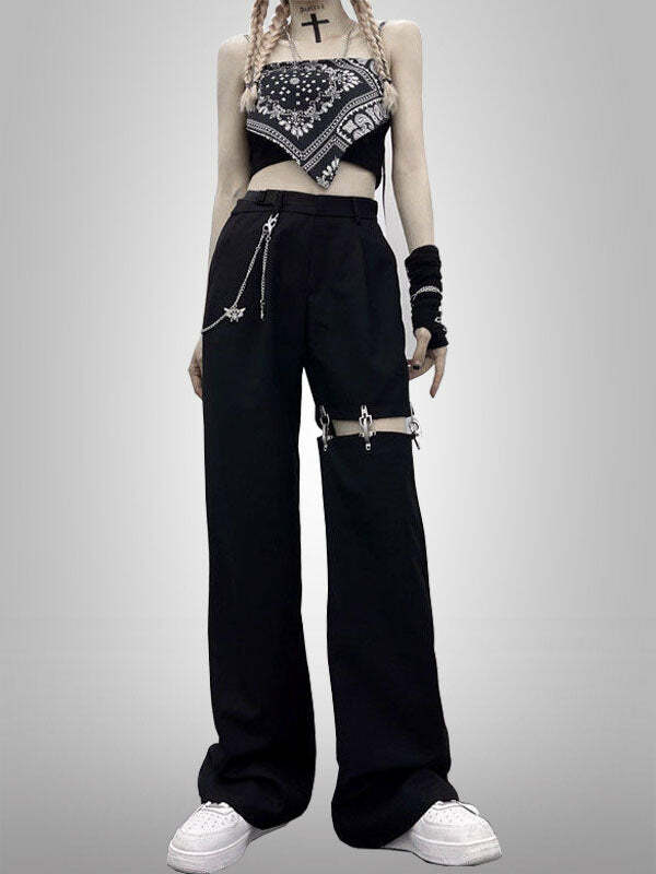 Y2K Grunge Aesthetic Punk Chain Hollow Out Pants - Edgy Fashion for Unique Styles