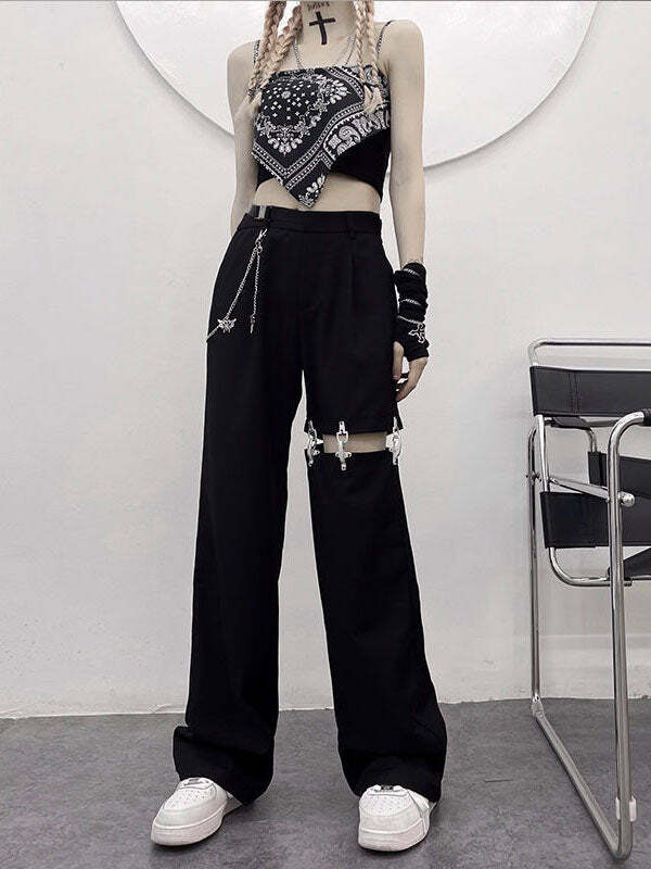 Y2K Grunge Aesthetic Punk Chain Hollow Out Pants - Edgy Fashion for Unique Styles