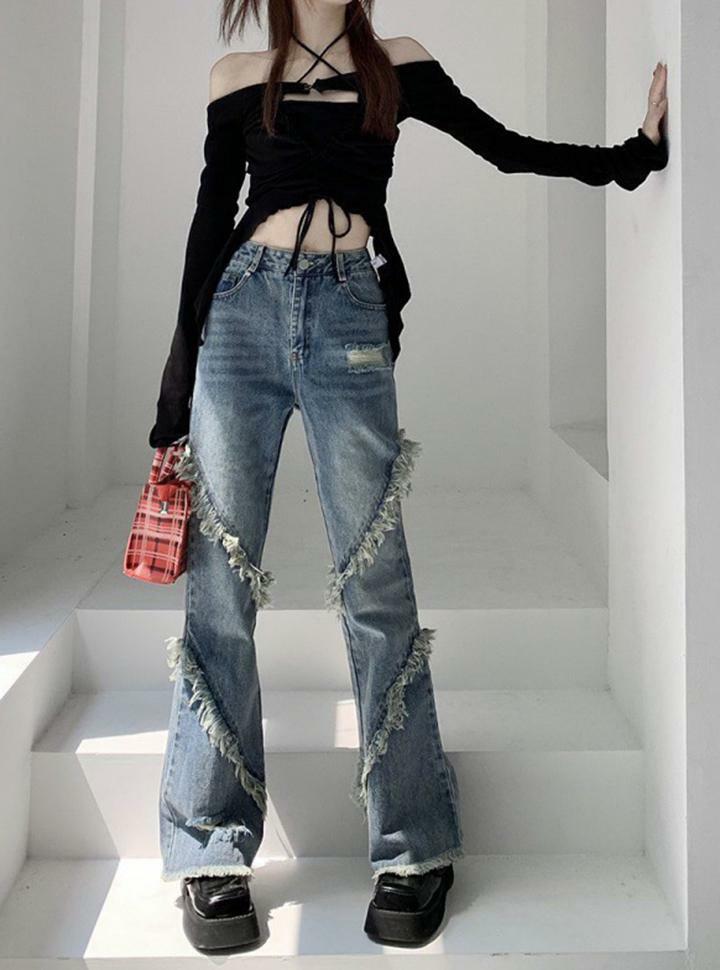Y2K Grunge Aesthetic Raw-Edged Paneled Cutout Denim Flared Pants for Trendy Outfits