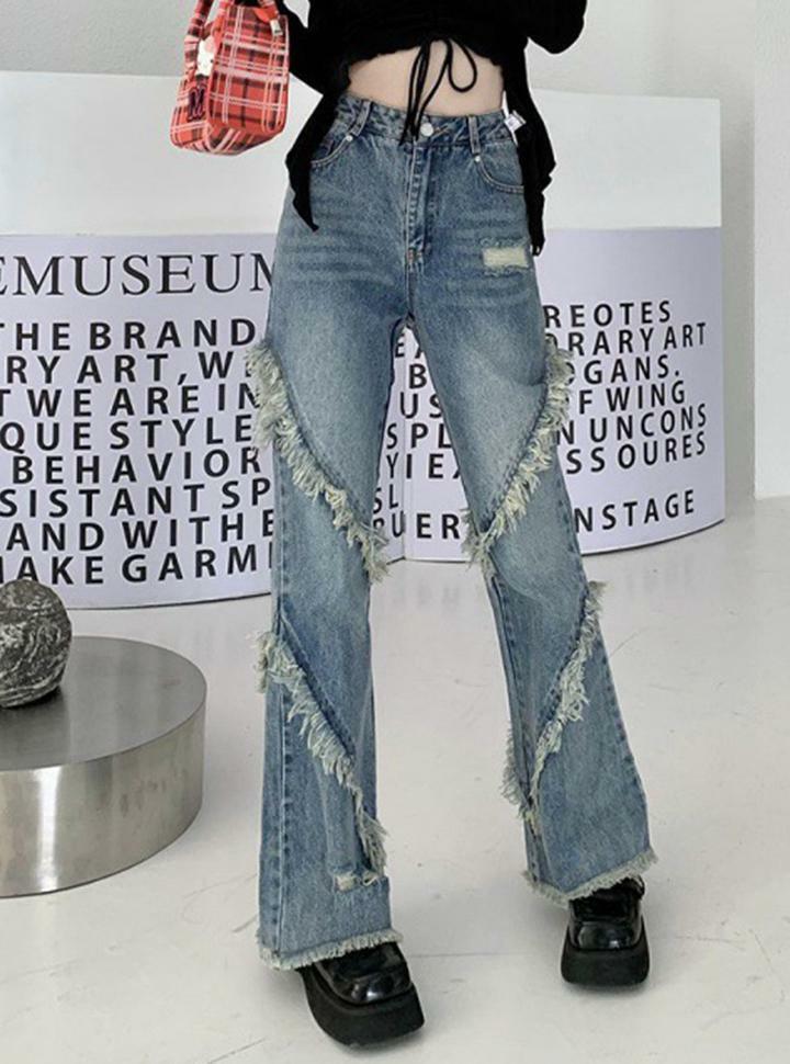 Y2K Grunge Aesthetic Raw-Edged Paneled Cutout Denim Flared Pants for Trendy Outfits