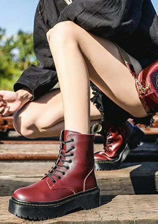 Y2K Grunge Aesthetic Red 8-Eye Leather Platform Boots for Comfy Retro Style