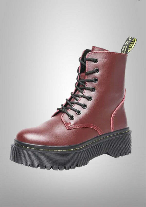 Y2K Grunge Aesthetic Red 8-Eye Leather Platform Boots for Comfy Retro Style