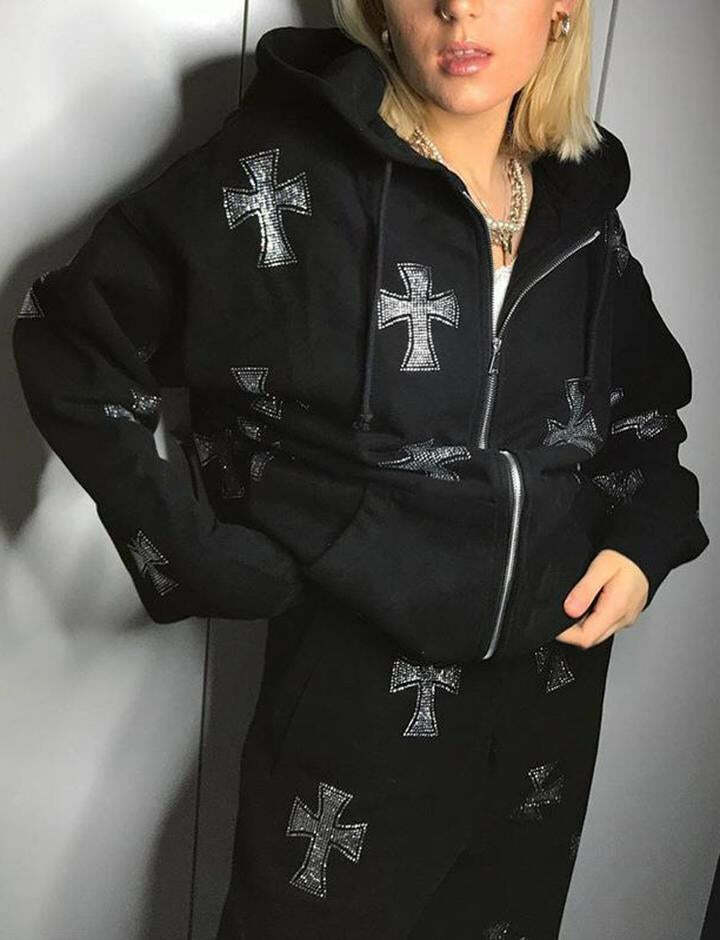 Y2K Grunge Aesthetic Rhinestone Zipper Hoodie - Comfy Cute Top for Coquette Style