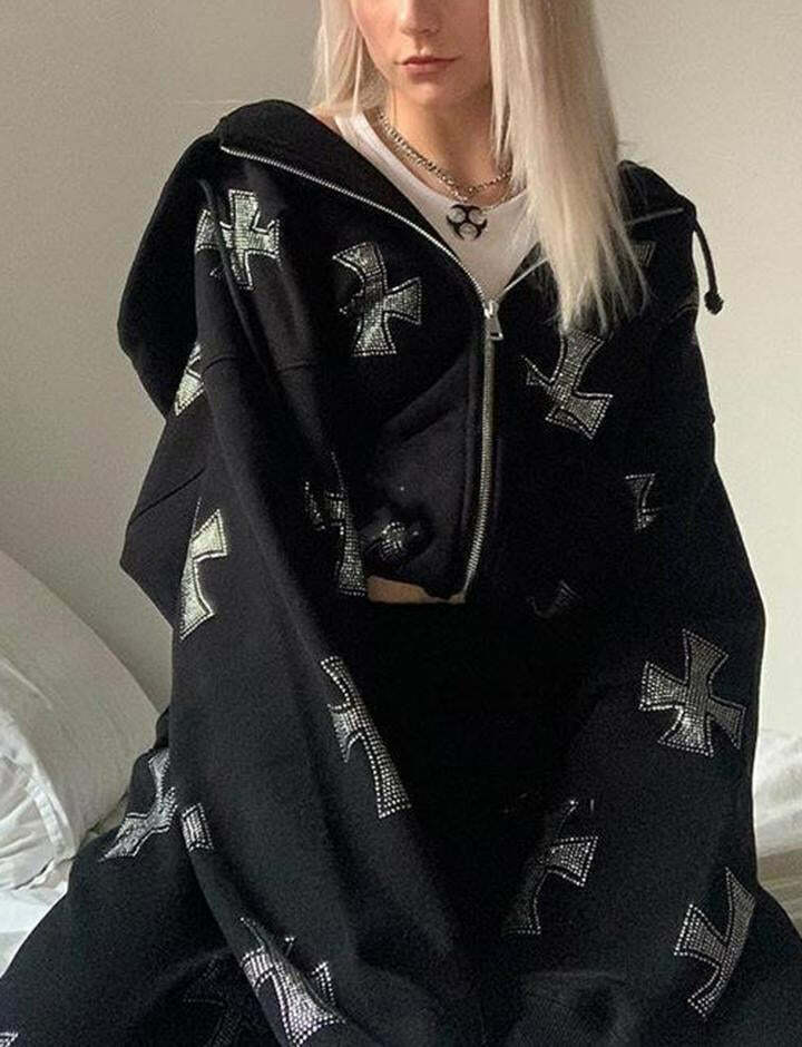 Y2K Grunge Aesthetic Rhinestone Zipper Hoodie - Comfy Cute Top for Coquette Style