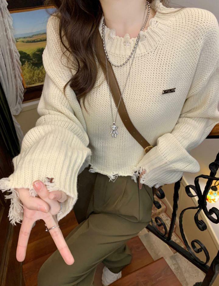Y2K Grunge Aesthetic Ripped Cropped Long Sleeve Sweater - Comfy Cute Top for Fall