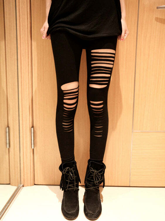 Y2K Grunge Aesthetic Ripped Leggings - Cute Comfy Pants for Edgy Outfits & Aesthetic Looks