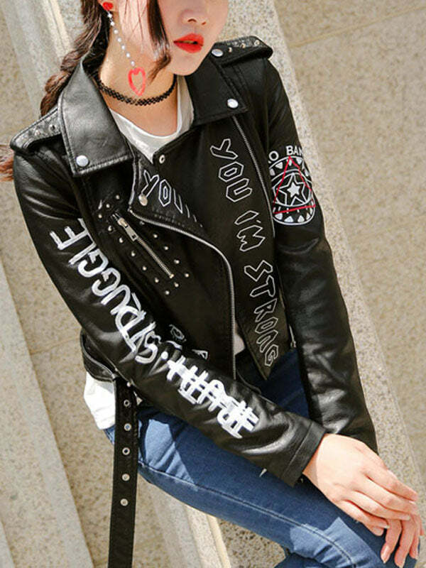 Y2K Grunge Aesthetic Rivet Zipper Leather Jacket - Edgy Coquette Style Outerwear