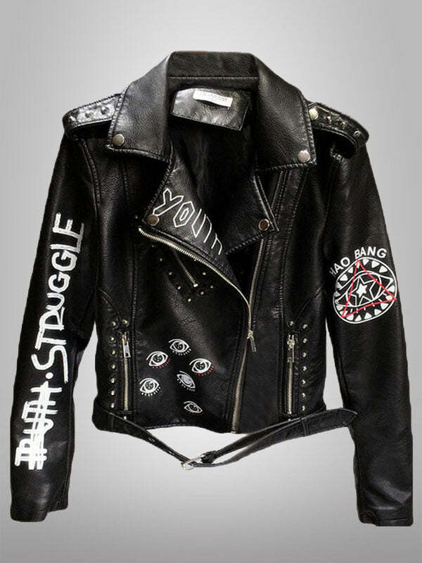 Y2K Grunge Aesthetic Rivet Zipper Leather Jacket - Edgy Coquette Style Outerwear